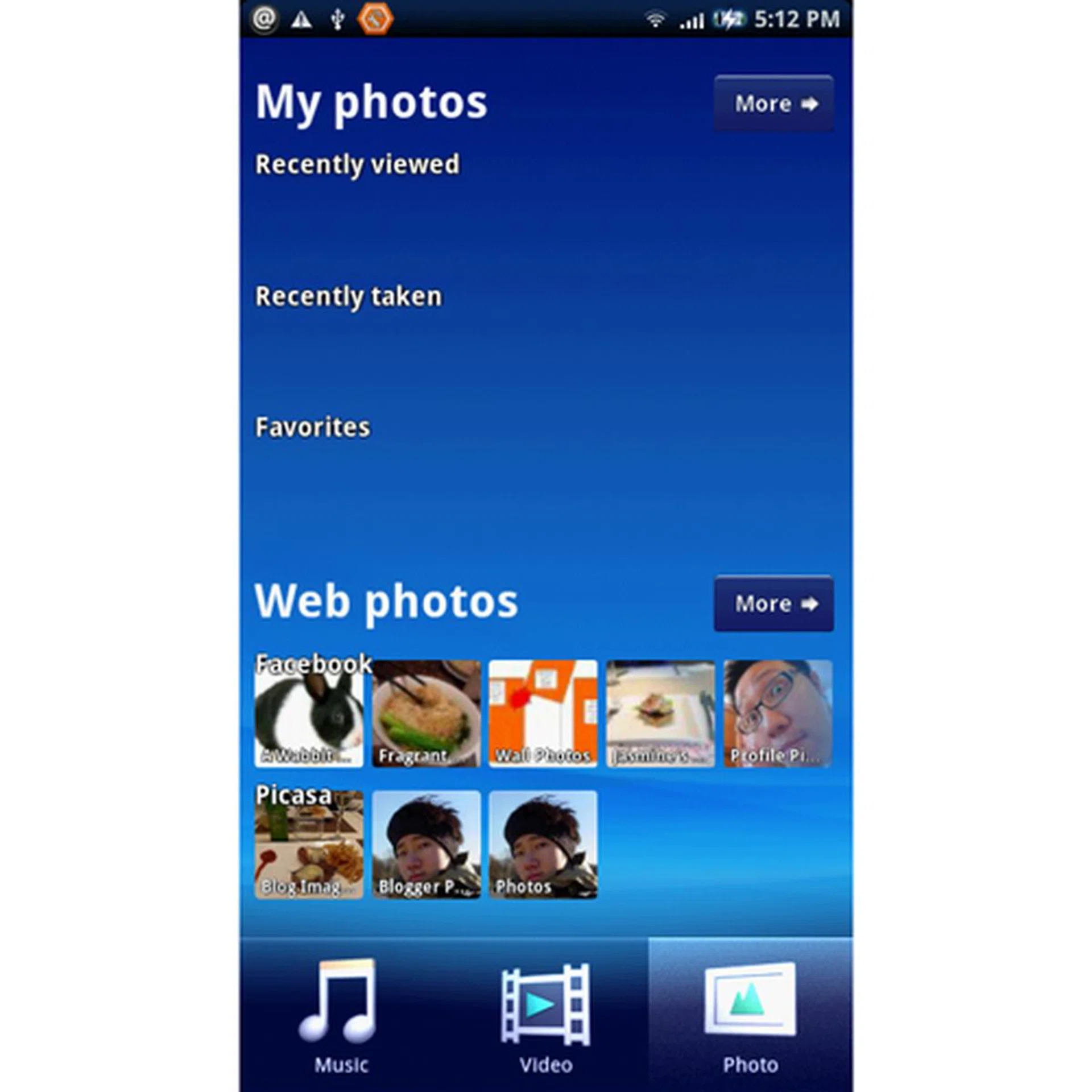 Photos located within the phone or linked to your online accounts such as Picasa or Facebook will be viewable as thumbnails on the Mediascape interface.