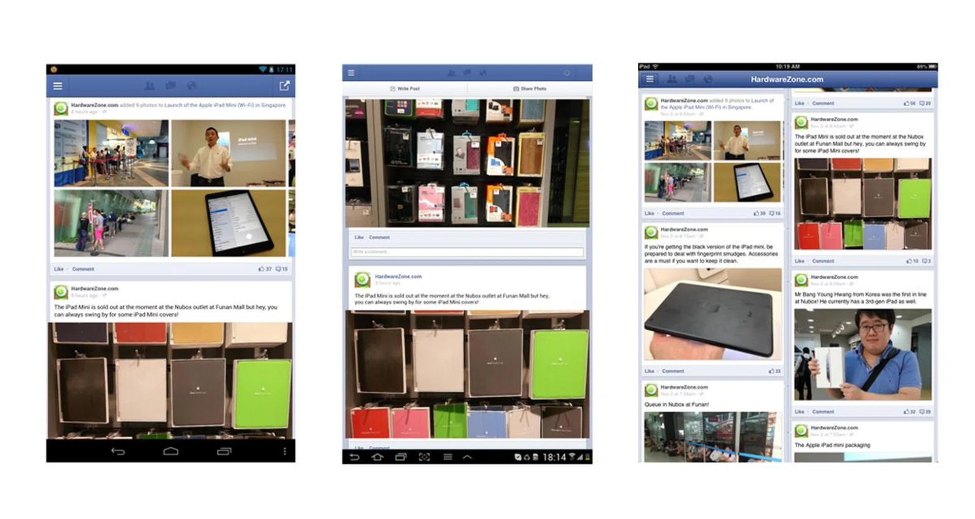 Facebook is one of the many apps that are optimized for use on Apple iPads. As seen here, the Facebook interface on the Google Nexus 7 (left) and Samsung Galaxy Tab 7.7 (center) are merely blown-up versions of what you see on Android phones. On the Apple iPad Mini (right), things are different with developers taking the extra effort to optimize the Facebook app to make full use of the available screen estate.
