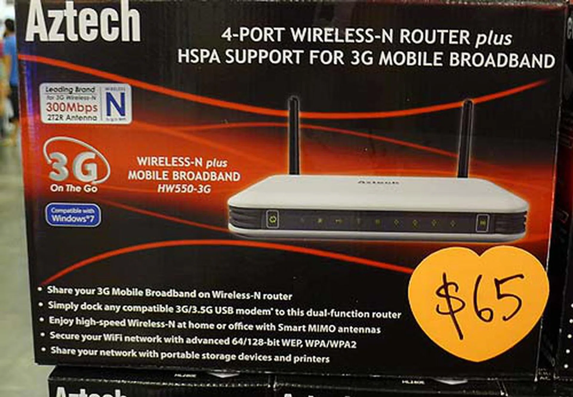 For the router side of things, this Wireless-N mobile broadband capable router is just $65 and allows you to share your 3G mobile broadband connection.