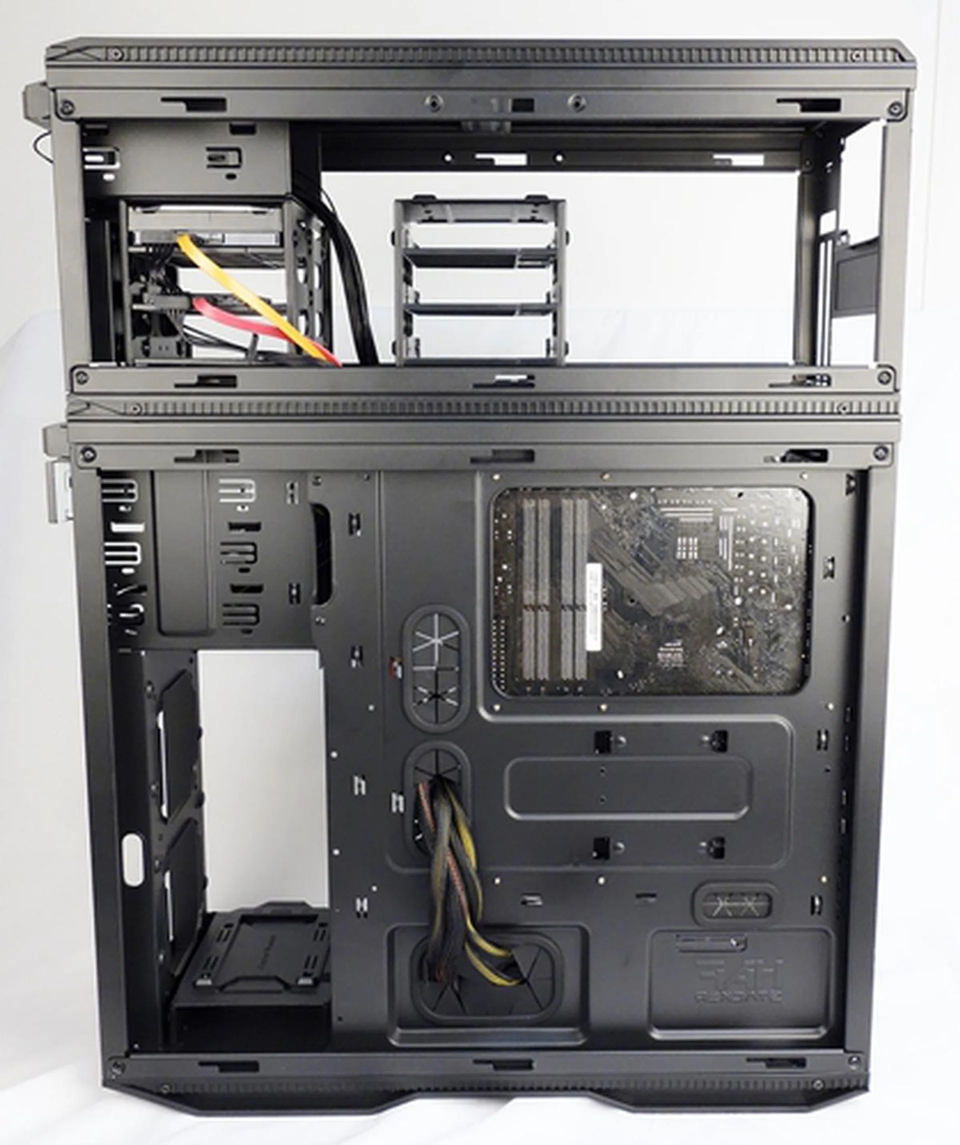 The rear of the motherboard plate of the HAF Stacker 935.