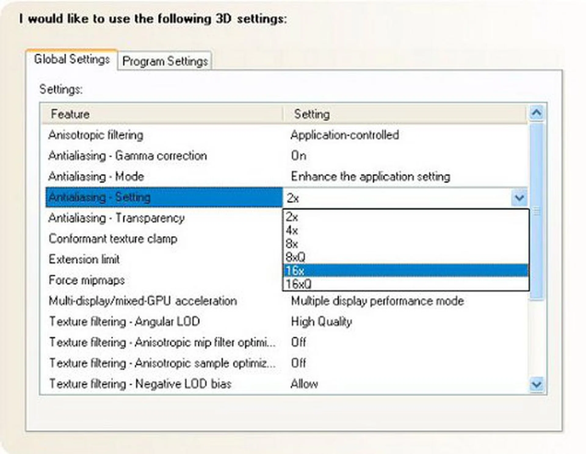 All the anti-aliasing modes available on a single GeForce 8800 graphics card. Of which, take note that 8x, 16x and 16xQ utilize the CSAA technique. 8xQ however, is a new MSAA entry.