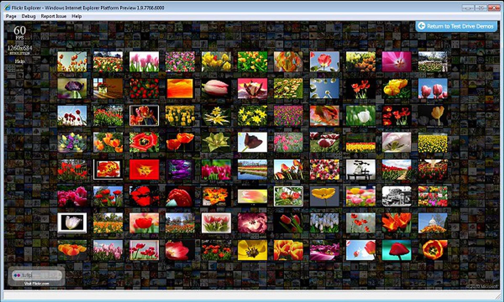 Flickr's web image explorer runs seamlessly, almost as if it's a native program. Note the 60fps achieved in IE9 while browsing, searching and zooming in/out of content.