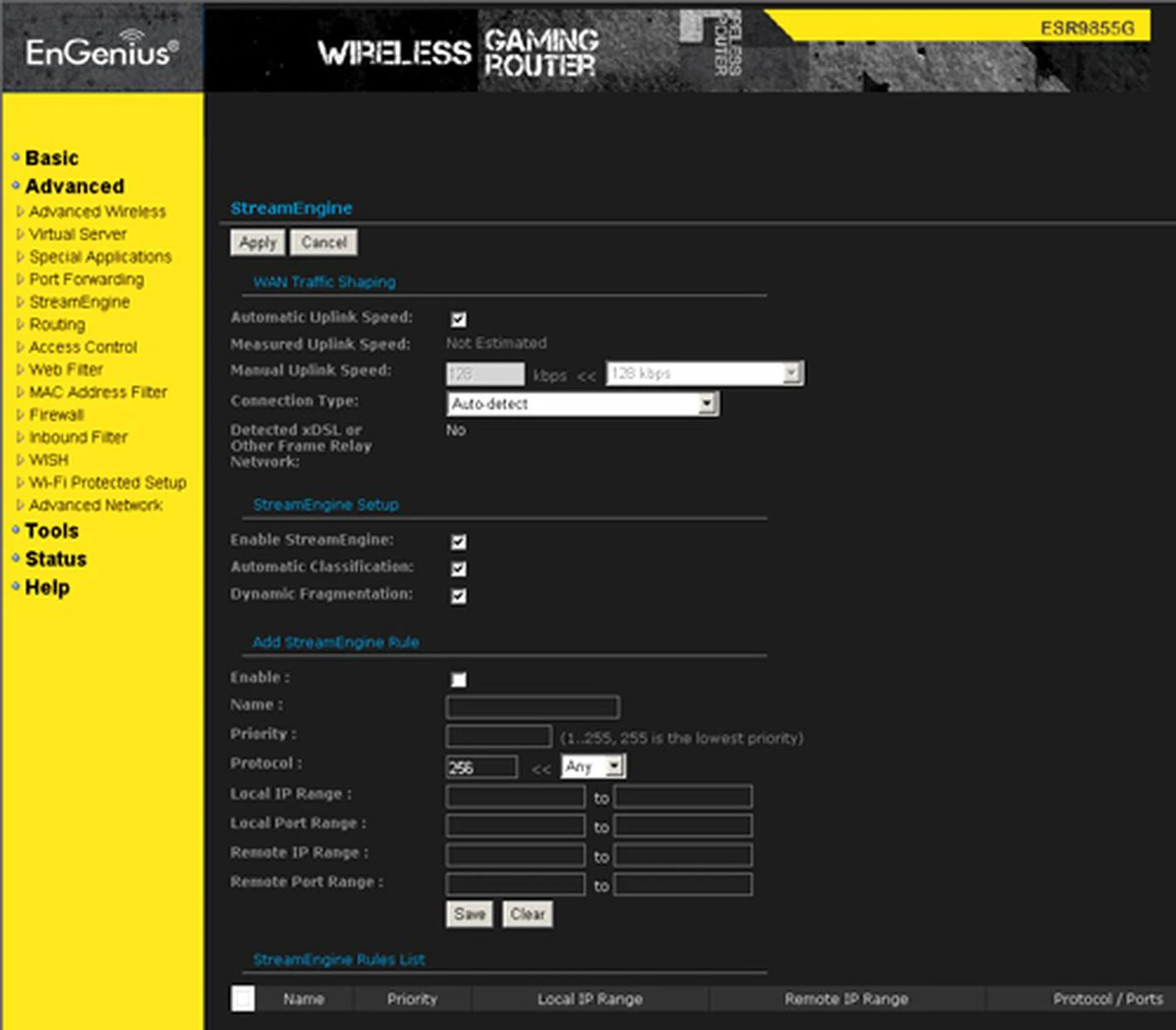 The StreamEngine page isn't as user-friendly as most QoS applications. On the contrary, it does proffer more comprehensive settings than usual. We'd recommend enabling its Dynamic Fragmentation feature if your home network happens to be suffering from poor uplink speeds.