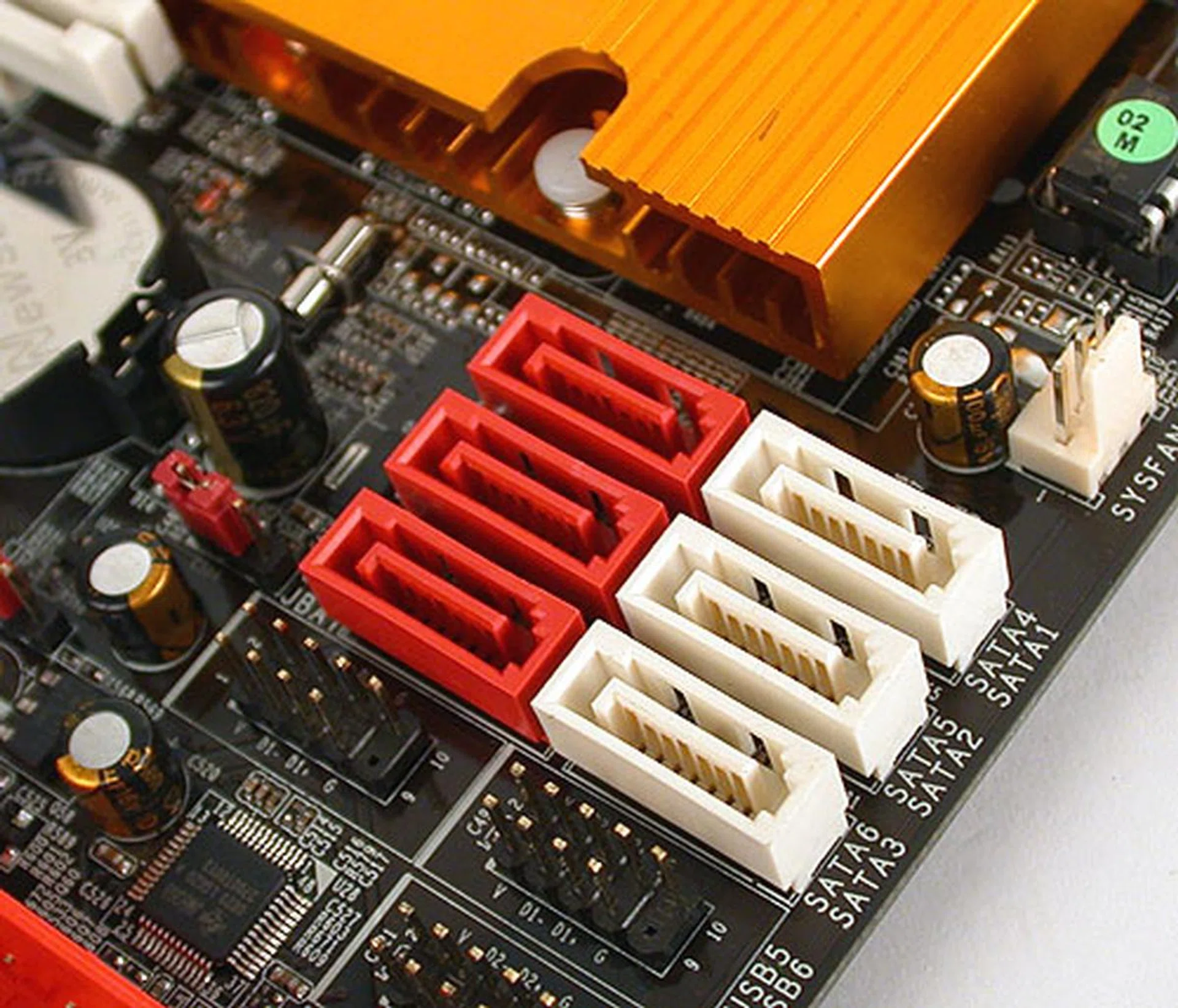 Six SATA ports like the specifications required, though their location and alignment places them in direct conflict with the longer, dual-slot graphics cards.