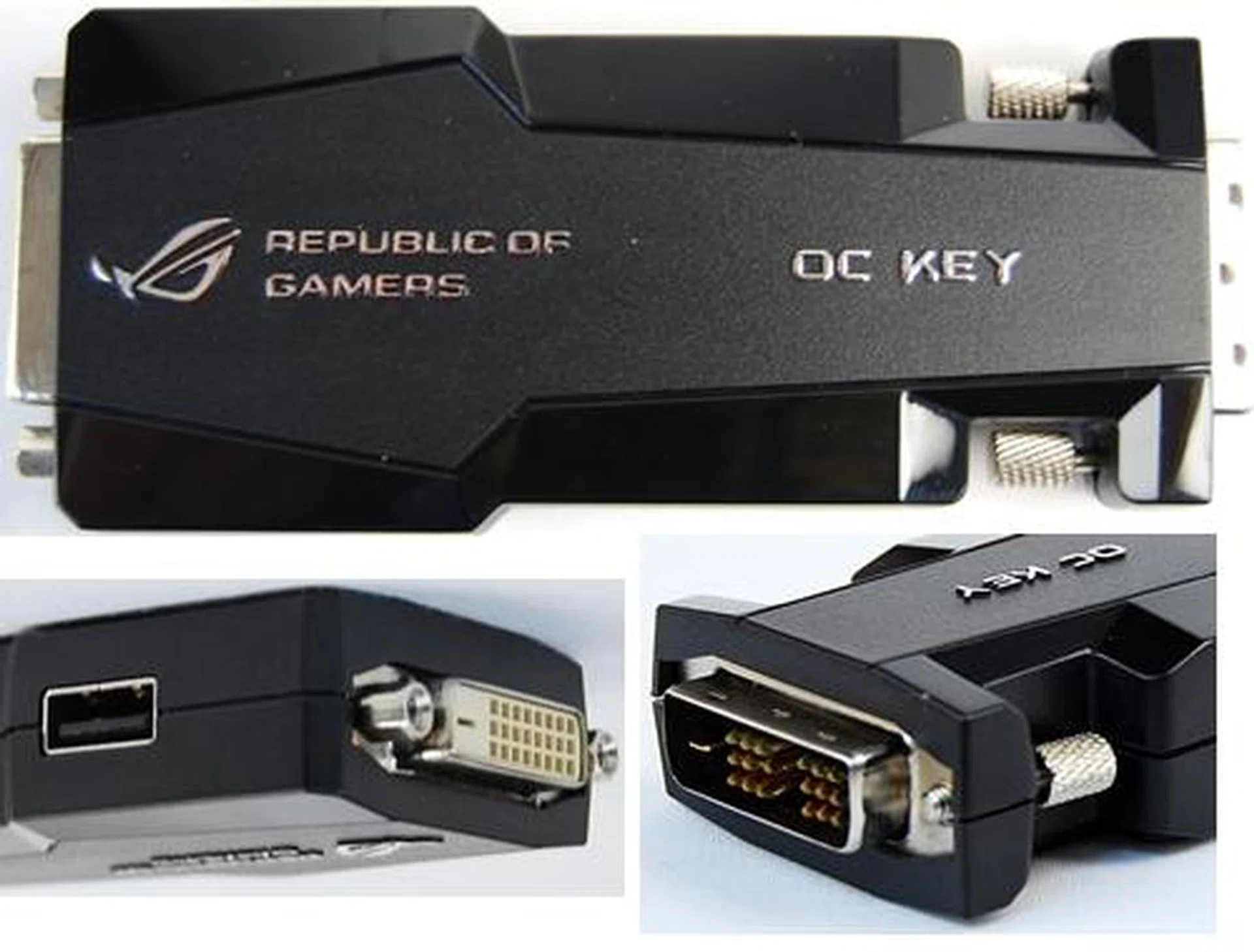 The OC Key works with the on-board iROG chip so that through the OSD Tweakit menu, extreme overclockers are able to perform on-the-fly hardware tweaking without any other software. Through the OSD Monitor, extreme users can monitor the system settings without any additional overheads. By pressing the ROG Connect button located at the board's rear I/O panel, the input keyboard can be toggled for the interacting with the OSD menus and not interfere with your OS or benchmarking software running simultaneously. As explained, this would mean the OC Key sits at the output of your graphics card and provides a pass-through connector for your monitor.