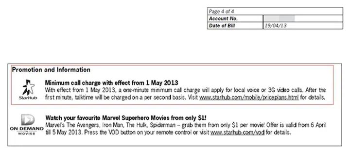 StarHub customers will be notified of the revision on the last page of their bill statements. 