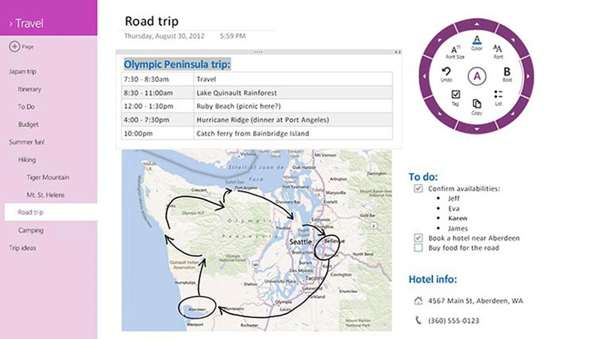 The OneNote app from the Windows Store sports a new Radial Menu, a touch-optimized menu that gives you access to common commands. (Image source: Microsoft.)