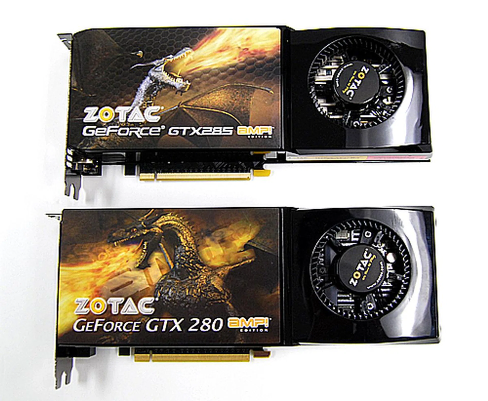 Without the stickers, you'll be hard pressed to tell the two apart. But if you must, the GeForce GTX 285 can be identified by its two 6-pin power connectors. The older GTX 280 requires a both 6 and 8-pins power connectors.