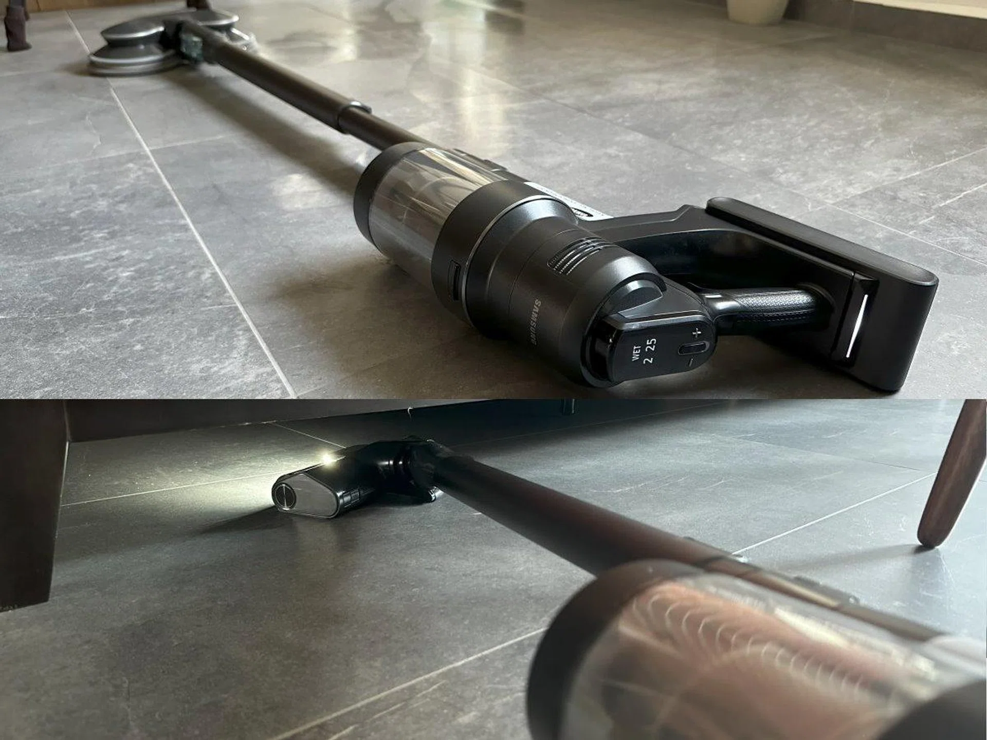 Both the vacuum brush head and mop head can go almost flat on the ground to reach under furniture.