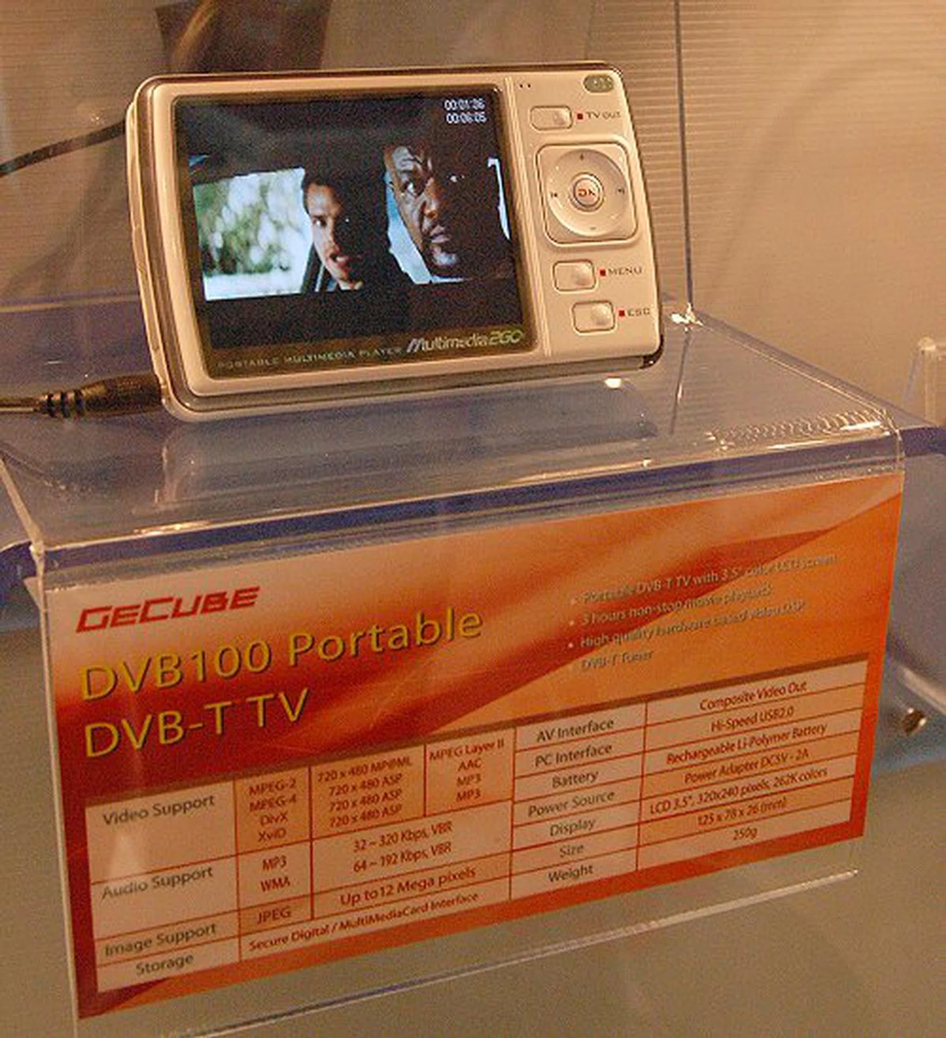 GECUBE made full use of Computex 2006 to launch its new DVB100 Portable DVB-T TV. In countries with Digital Video Broadcasting - Terrestrial (NTSC and PAL), the DVB100 gives users absolute freedom in watching TV wirelessly. In addition, it's also a Portable Media Player (PMP) supporting JPEG, MP3, AAC, MPEG2, MPEG4, DivX, and XviD.
