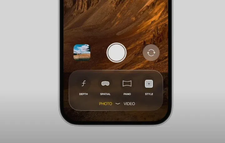 The new Camera app interface appears to be inspired by visionOS. Photo: Front Page Tech.
