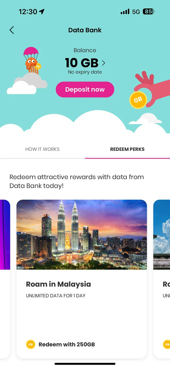 HWZ reader's/GOMO user screenshot of GOMO Data Bank perks, from their GOMO app.