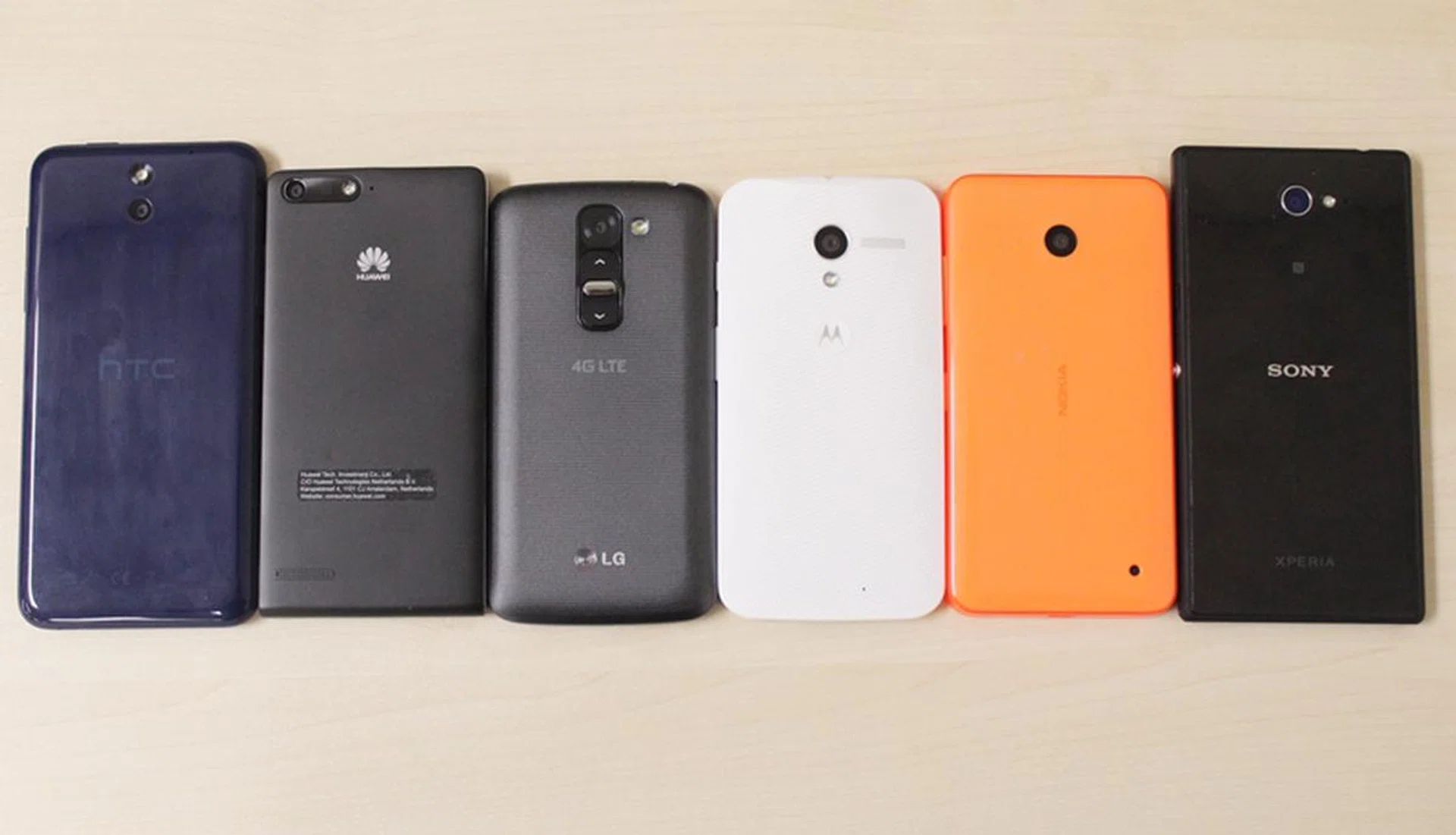The rear shot of the six phones. <br> Left to right: HTC Desire 610, Huawei Ascend G6 4G, LG G2 Mini LTE, Motorola Moto X, Nokia Lumia 635 and the Sony Xperia M2.