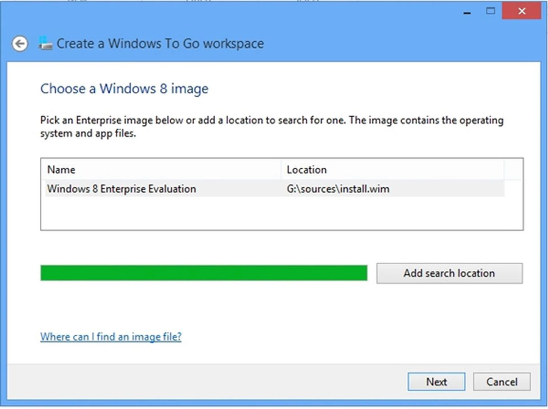 Select the image file named install.wim that is located in the 'source' folder of your Windows 8 installation disc. Click Next to proceed.