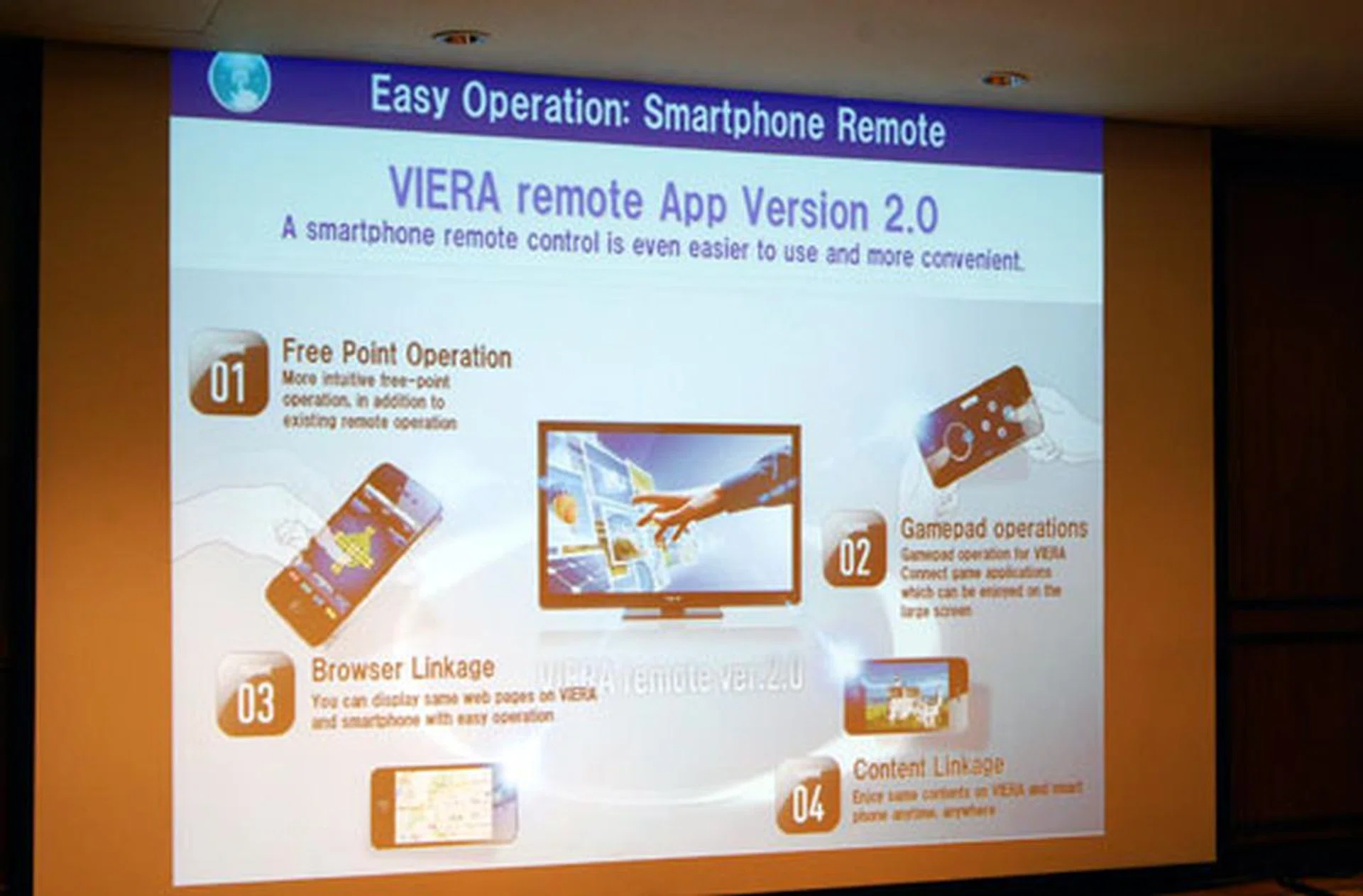 Panasonic's improved Viera Remote app enables you to do much more with your tablet or smartphone compared to the previous version. Besides enabling you to transfer content between the TV and mobile device, the Version 2.0 application also allows you to "flick" songs or videos to the Smart Viera display.