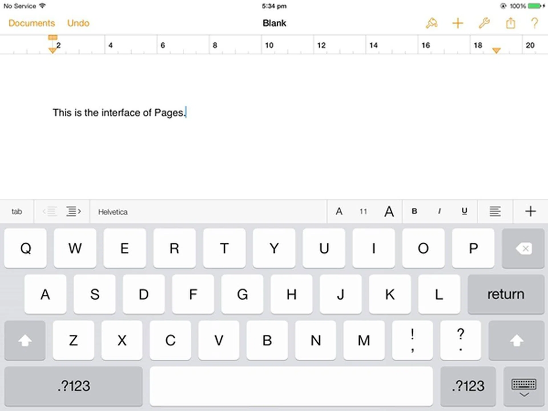Here's a screenshot on the interface of Pages on the iPad Air.