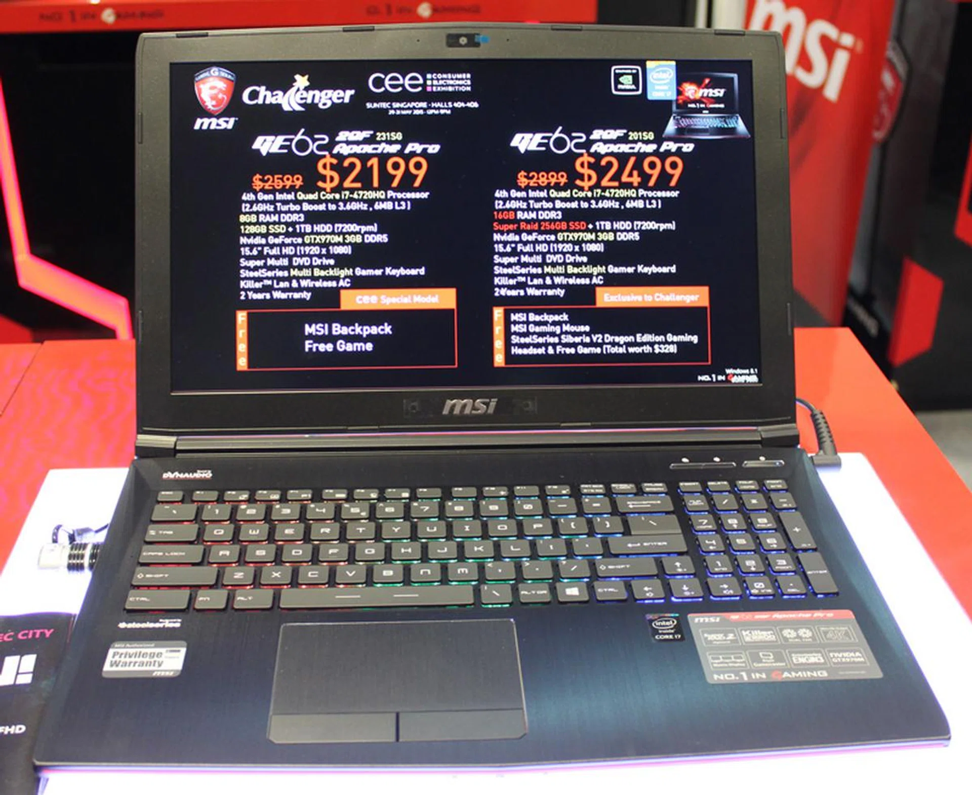 If you’re in the market for a mid-range machine that can run today’s games at max (or near max) at a decent frame rate, the GE62 2QF Apache Pro is a good choice. It’s a 15.6-inch notebook with a Full HD (1920 x 1080) IPS display, an Intel Core i7-4720HQ (2.6GHZ, 6MB cache), NVIDIA GeForce GTX 970M (3GB VRAM), 8GB RAM, 128GB SSD + 1TB storage and Windows 8.1. It’s going for $2,199 (U.P.$2,599) and also comes with a free copy of The Witcher 3 and an MSI backpack.