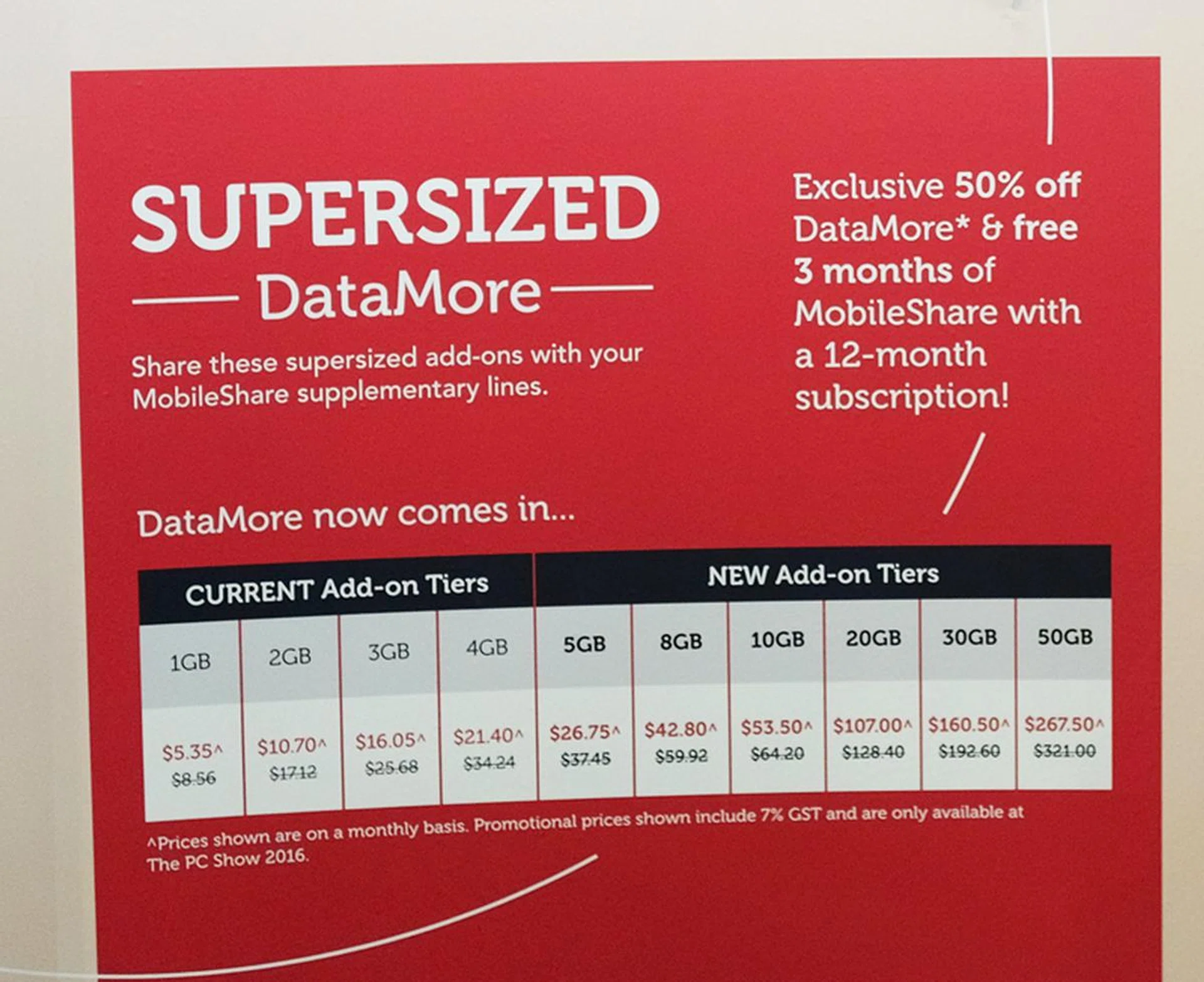 Supersize your data plan up to 50GB at PC Show with Singtel's DataMore add on service and get 50 percent off DataMore and 3 months of free MobileShare when you sign up for a 12-month MobileShare subscription.