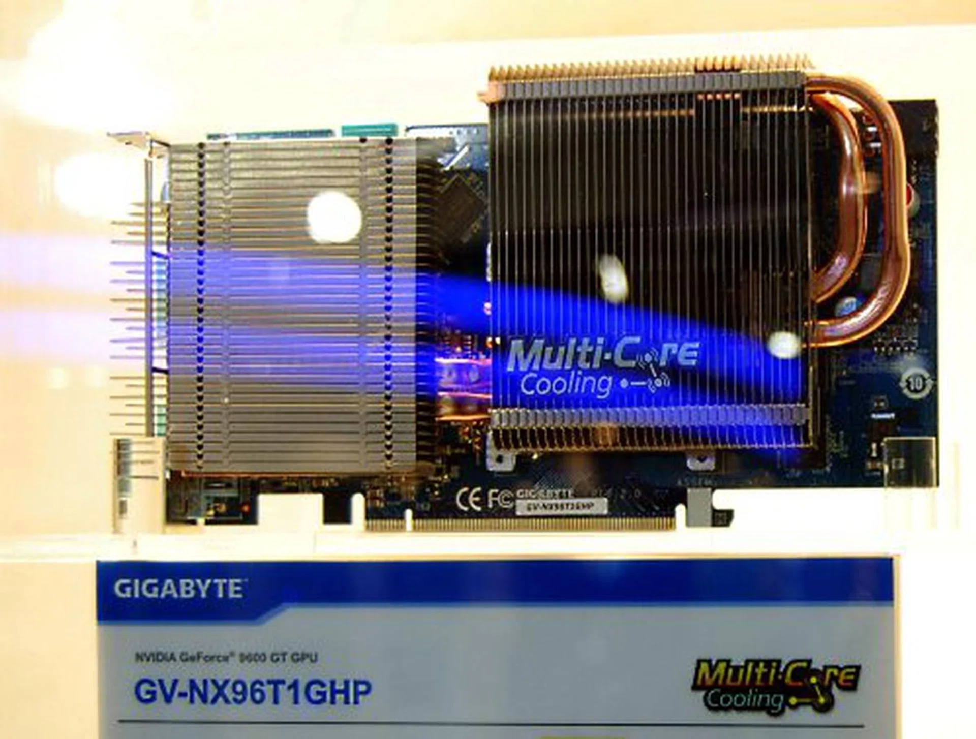 A passively cooled GeForce 9600 GT with 1GB of memory, this Gigabyte card uses its Multi-Core cooling technology to dissipate heat more effective via multiple heat transfer 'points' on the heat pipes. This card also comes with Gigabyte's TurboForce, which usually means it's overclocked.  