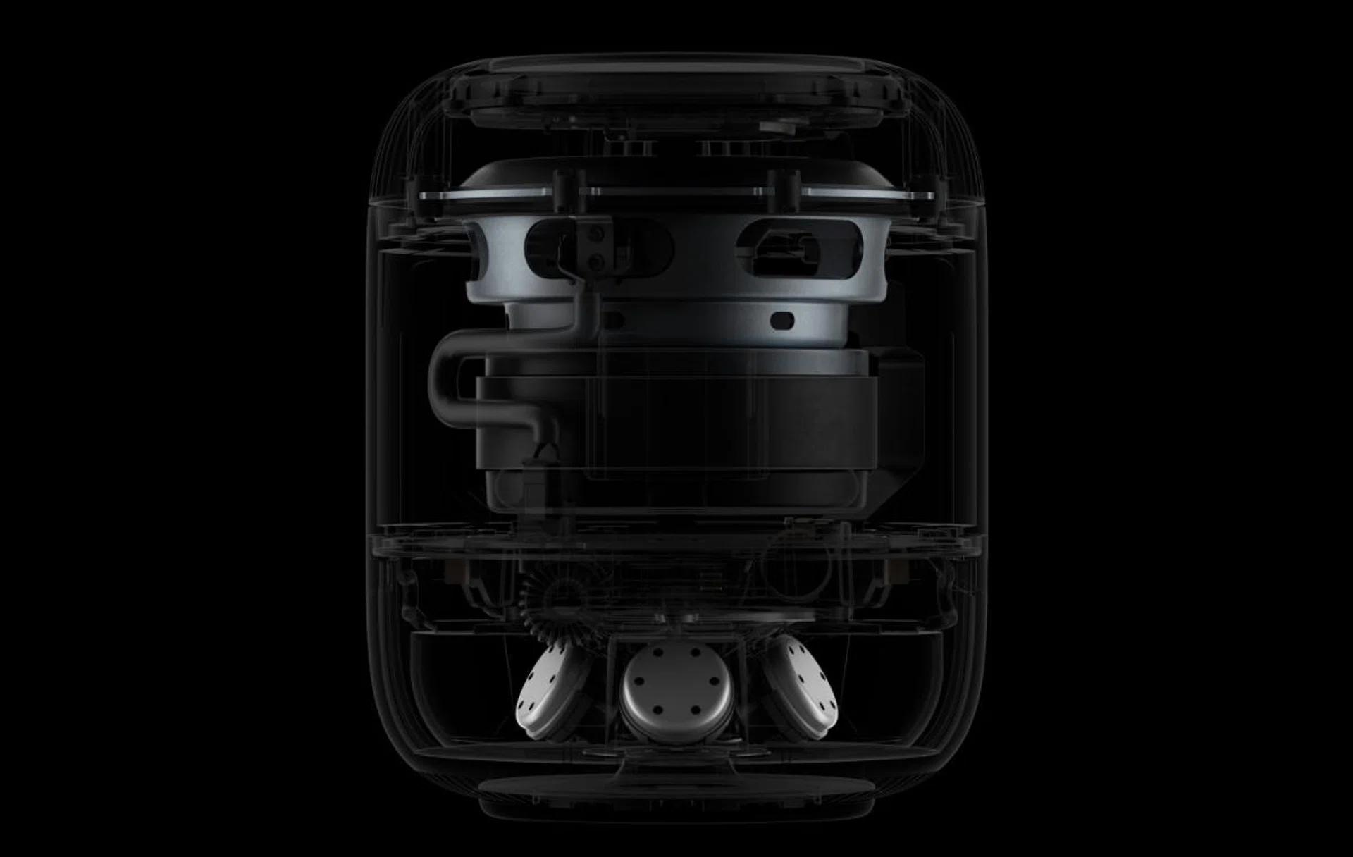 The HomePod's five beamforming tweeters are positioned below and angled upwards to spread sound across its environment.