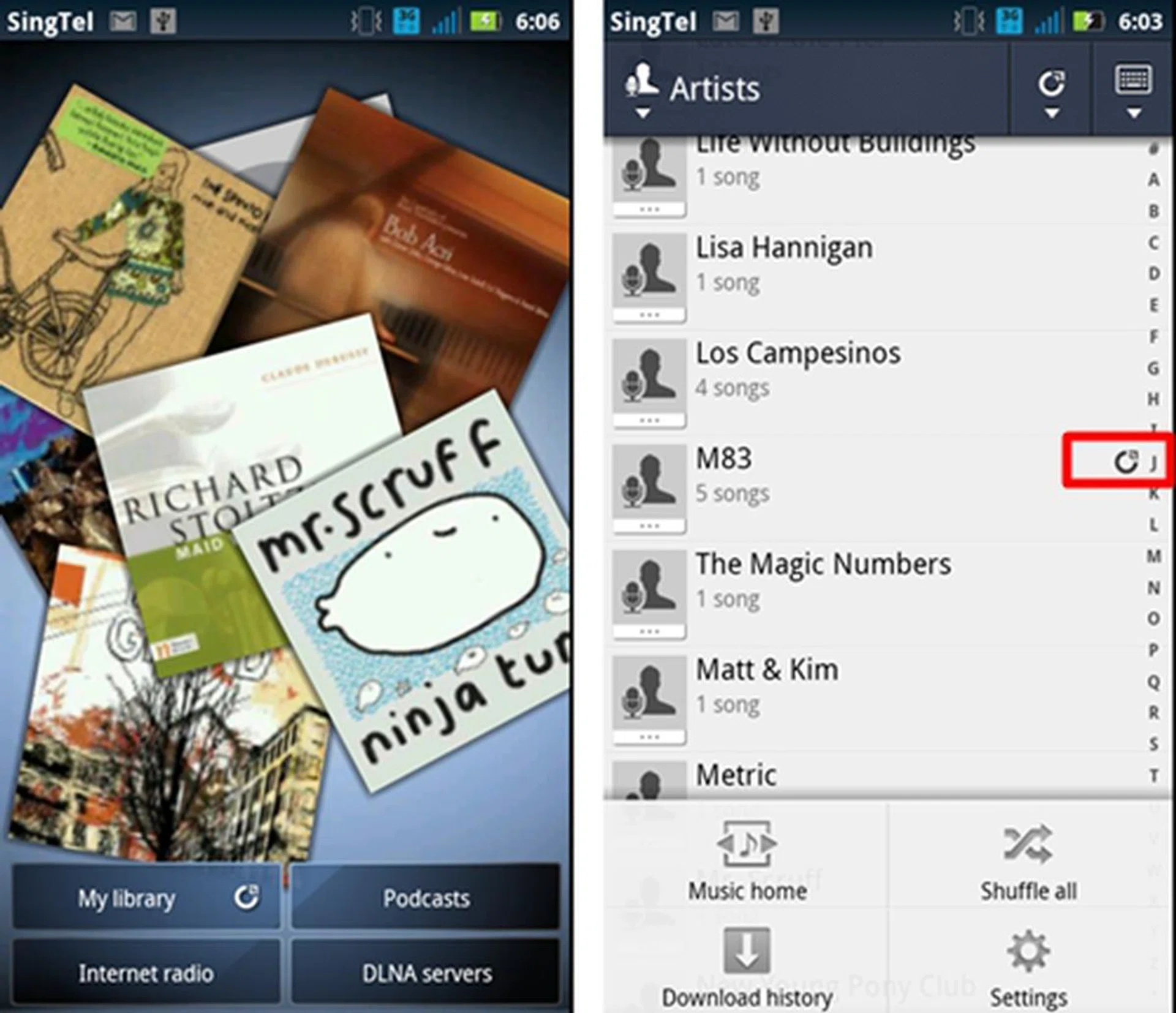 And while you're in the music app and assuming you've got synced audio content, the symbol to the right (as outlined in this screen shot) indicates that the content has been synced from your PC. Once your PC goes offline, the tracks listing will still be there, but displayed in grayed-out text.