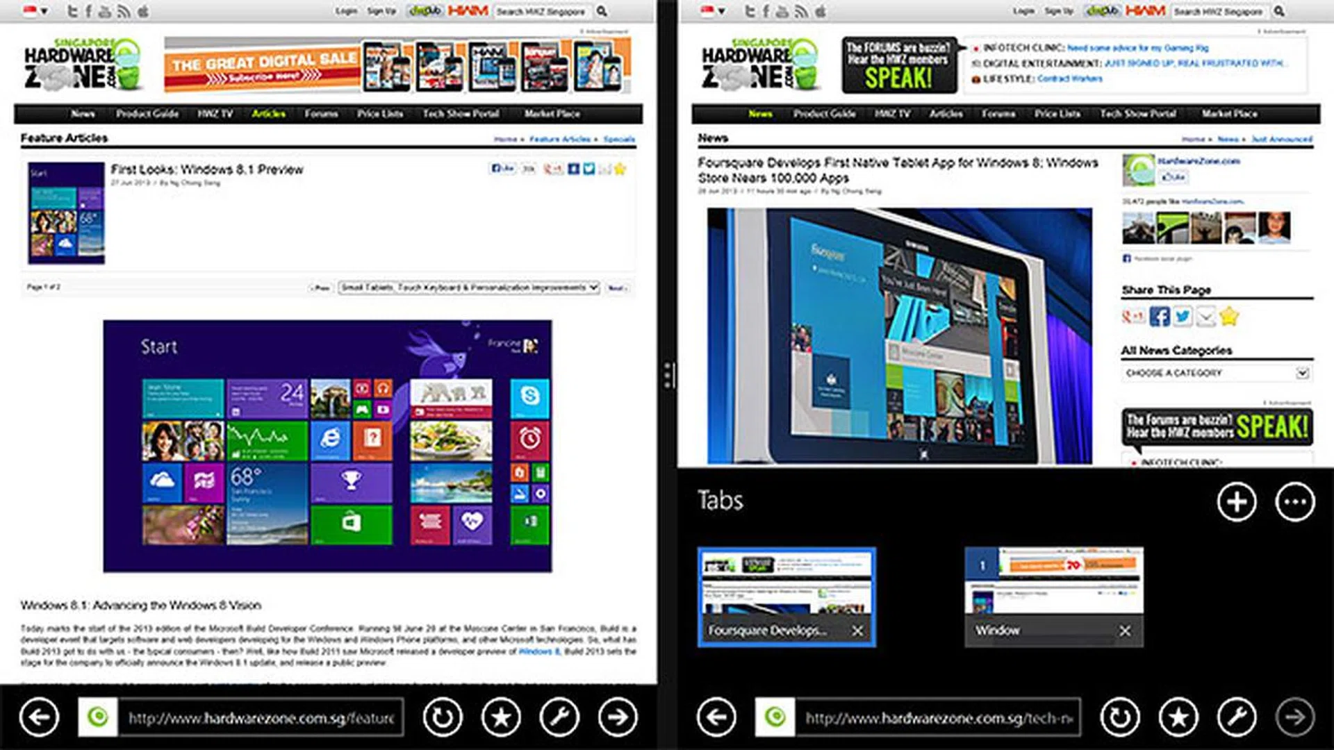 IE11 windows will snap side by side automatically.