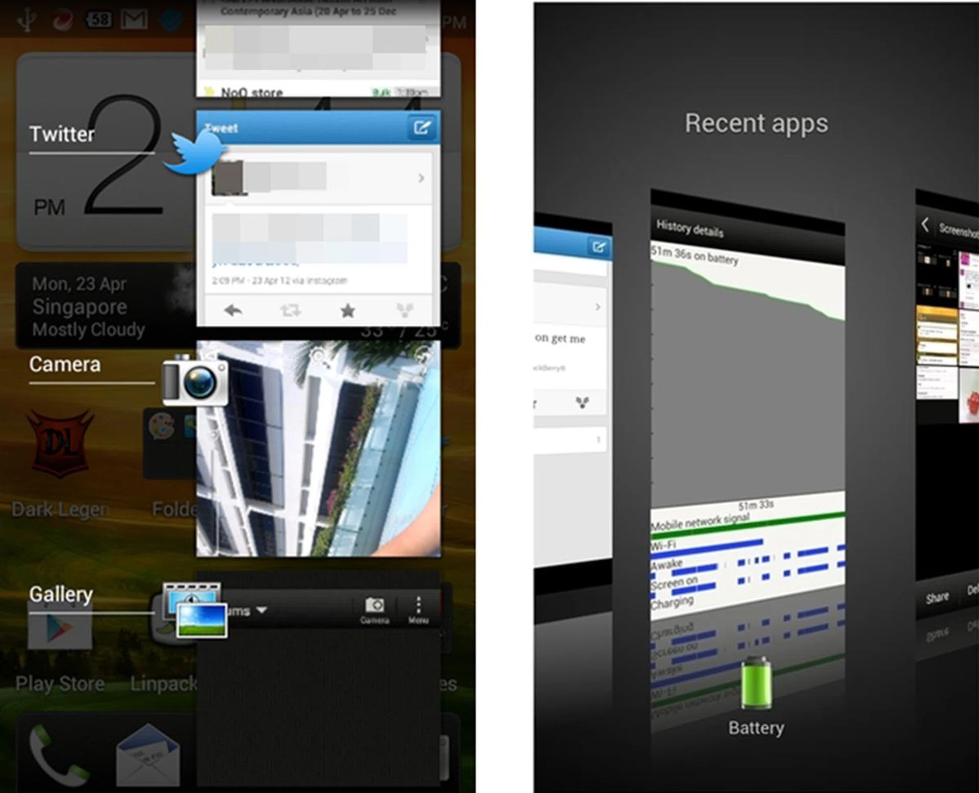 HTC One V (Left) vs. HTC One X (Right) - The One V references the Android 4.0 multi-tasking bar as compared to One X's 3D multi-tasking pages.