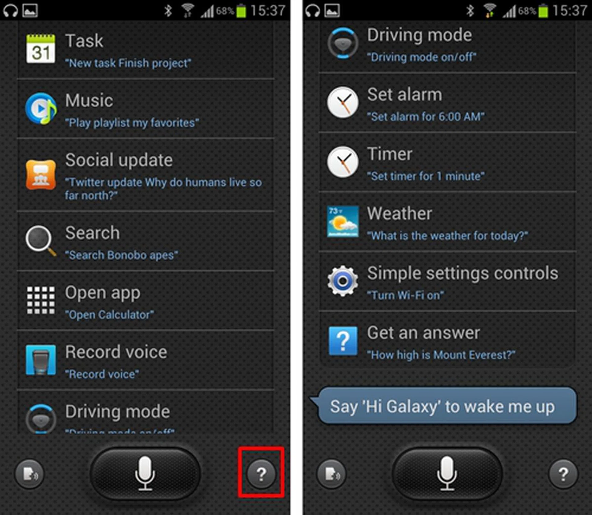 Here are some examples of what the S Voice can do - simply access them via the "?" icon on the bottom. We wouldn't expect it to handle difficult social updates but yeah, you can get it to help you with simple Twitter and Facebook statuses. 