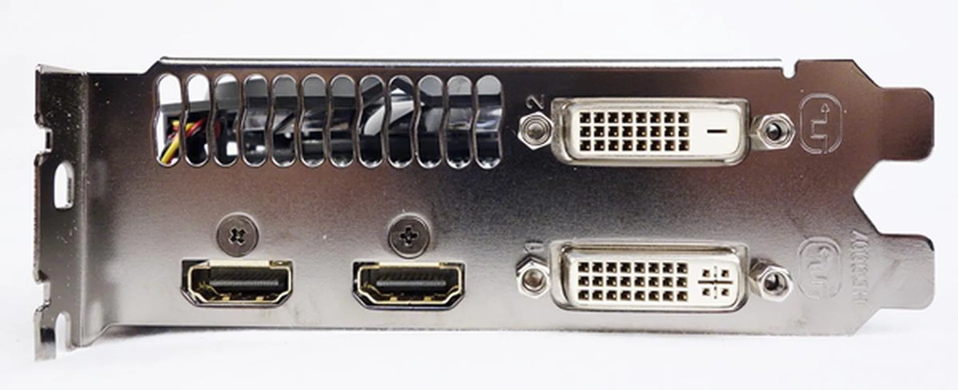 There are a pair of HDMI ports, and two dual-link DVI connectors; one is DVI-D, and the other is DVI-I.