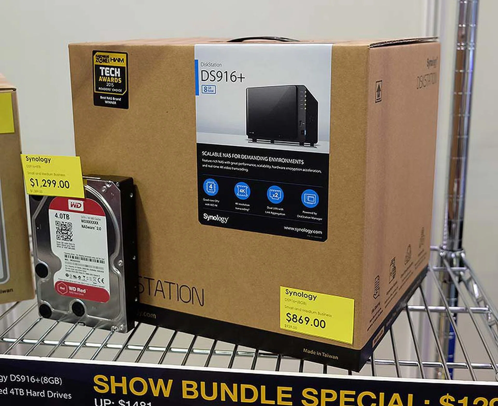 For hardcore users with lots of storage requirements, consider the Synology DS916+. It's a 4-bay NAS powered by a quad-core Intel Pentium N3710 processor and even allows users to transcode and stream H.264 4K/1080p videos to various devices. The NAS alone is going for $869 (U.P. $939) and this is the more powerful variant with 8GB of memory. With a bundled 8TB of  storage, the price is $1299 (U.P. $1389).