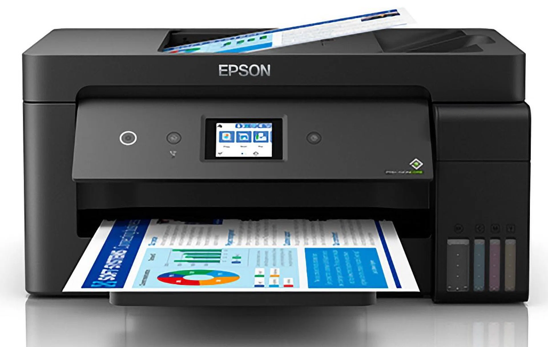 Epson EcoTank L14150 is capable of handling A3 prints, but it's not much bigger than most A4 printers. And it handles high volume thanks to ink tank technology.