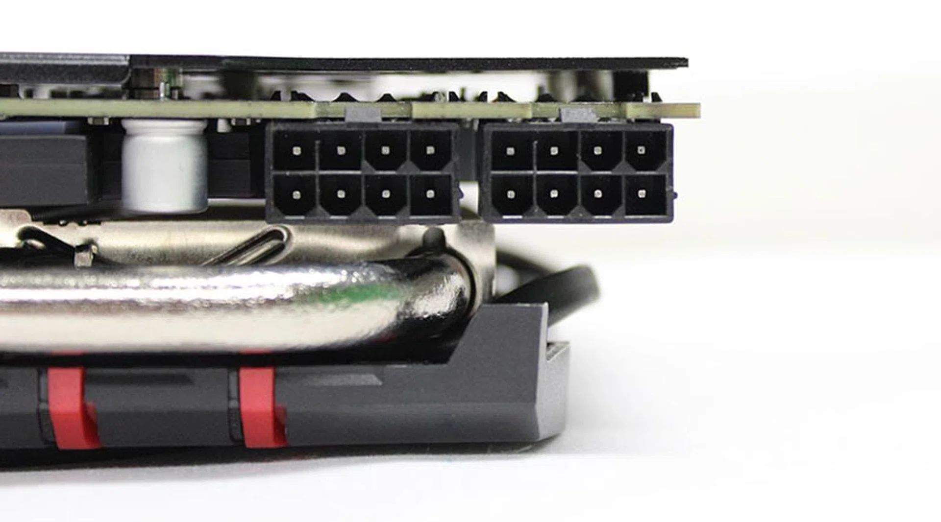 The card also draws power from dual 8-pin PCIe connectors, up from one 6-pin and one 8-pin connector on the reference card.