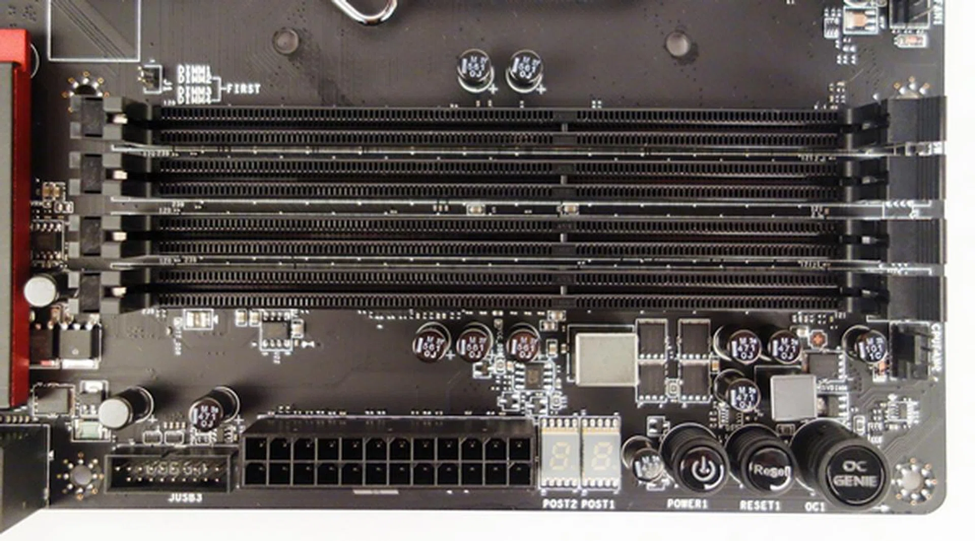 Near the DIMM slots, there are a host of features; like the DEBUG LEDs and the three onboard control buttons (Easy Button 3). 