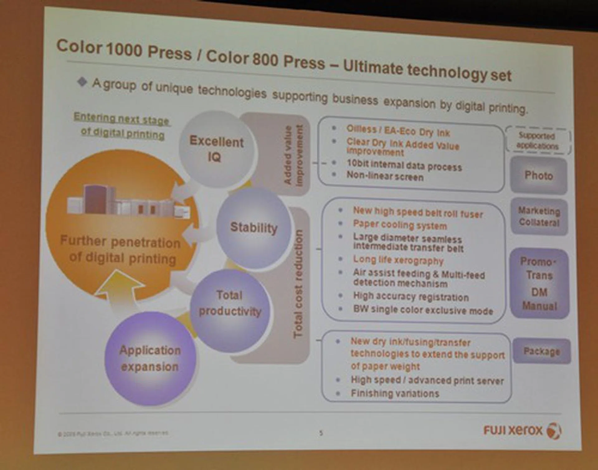 The full set of unique selling points and features of the Fuji Xerox Color 800/1000 Presses.