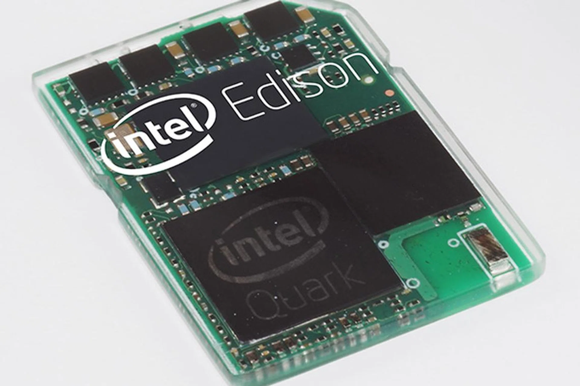 Intel Edison development board in the size of a tiny SD card sized housing.