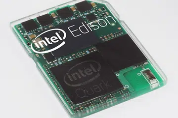 Intel Edison development board in the size of a tiny SD card sized housing.