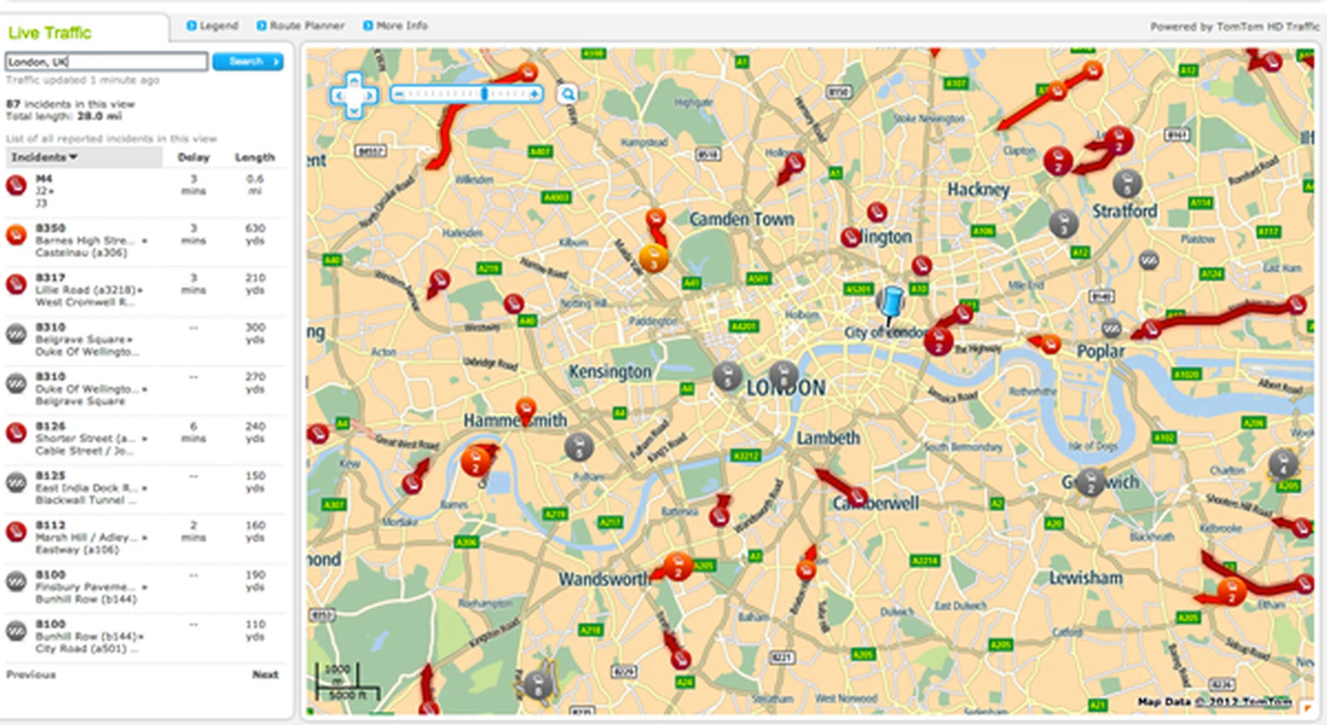 A look at HD Traffic at work. Here, we can see the major holdups and congestion in London. This is all real time (as much as technically and physically possible).