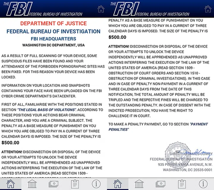 The ransom message is made up to look like it comes from an official FBI source. (Image Source: ESET)