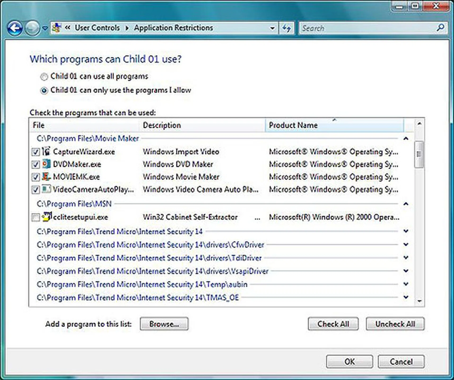 Besides game restrictions, you can also restrict applications (such as Windows Money) or even the Security Center to prevent them from messing up the system.