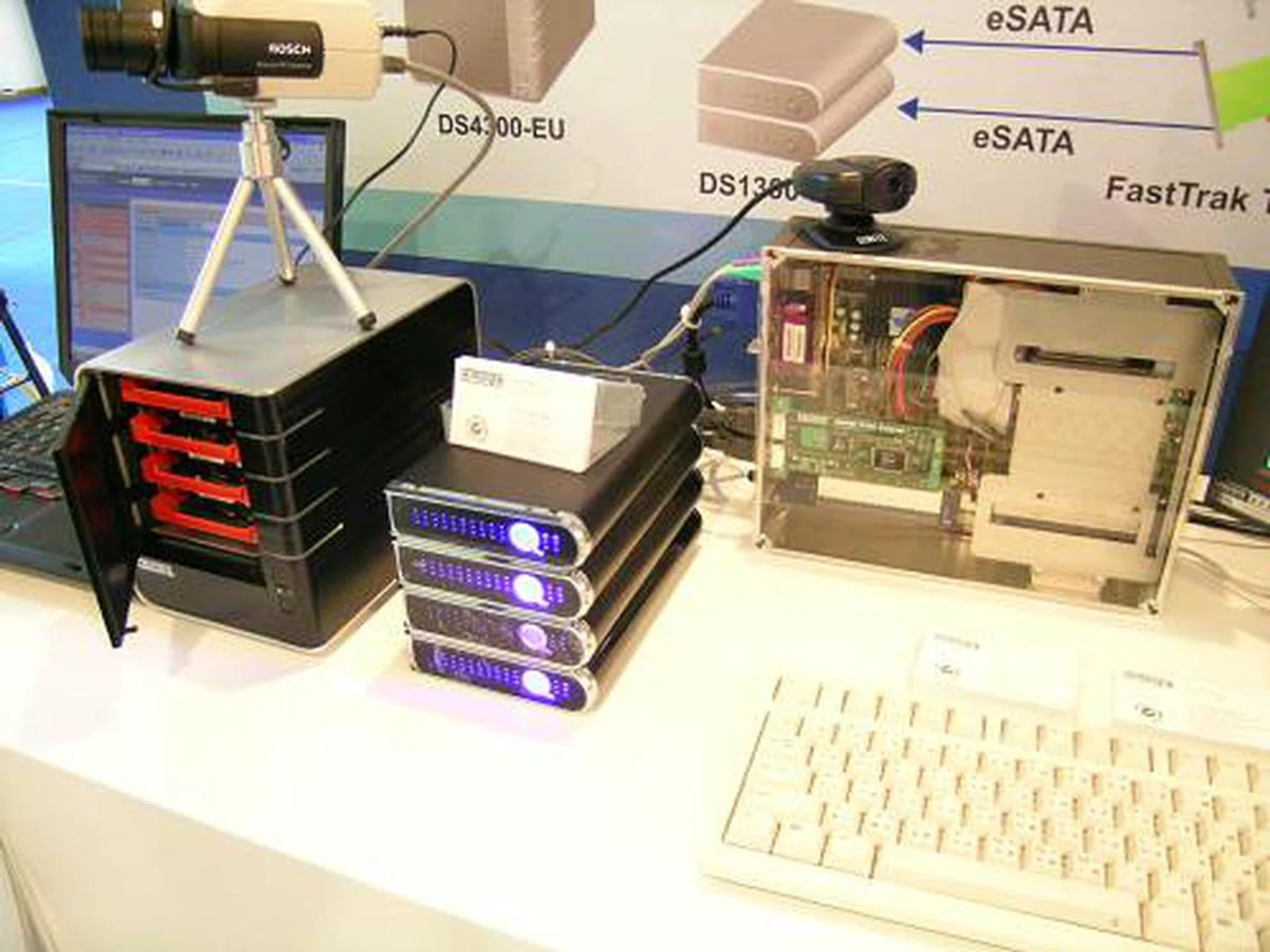 Promise was showing a stackable eSATA enclosure, the DS1300-EU, which can also be attached to their NAS products for capacity expansion and RAID 0/1. It also has a USB 2.0 interface if you don't have an eSATA port to reach a wider audience.