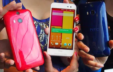 The HTC Butterfly 2 comes in three colors: red. blue and white.