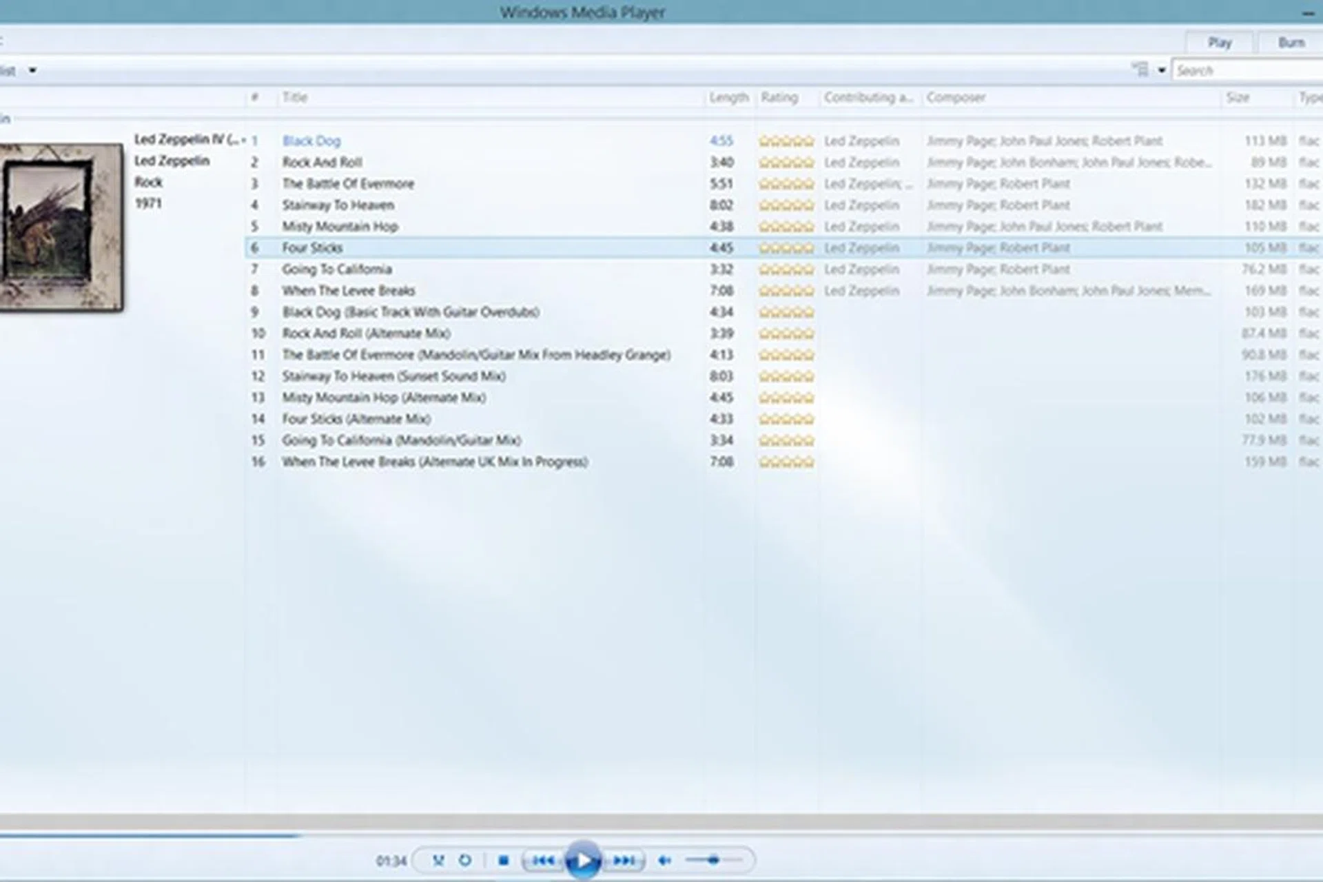 A screenshot of Windows 10's Media Player playing Led Zeppelin music in FLAC format. (Image source: Microsoft)