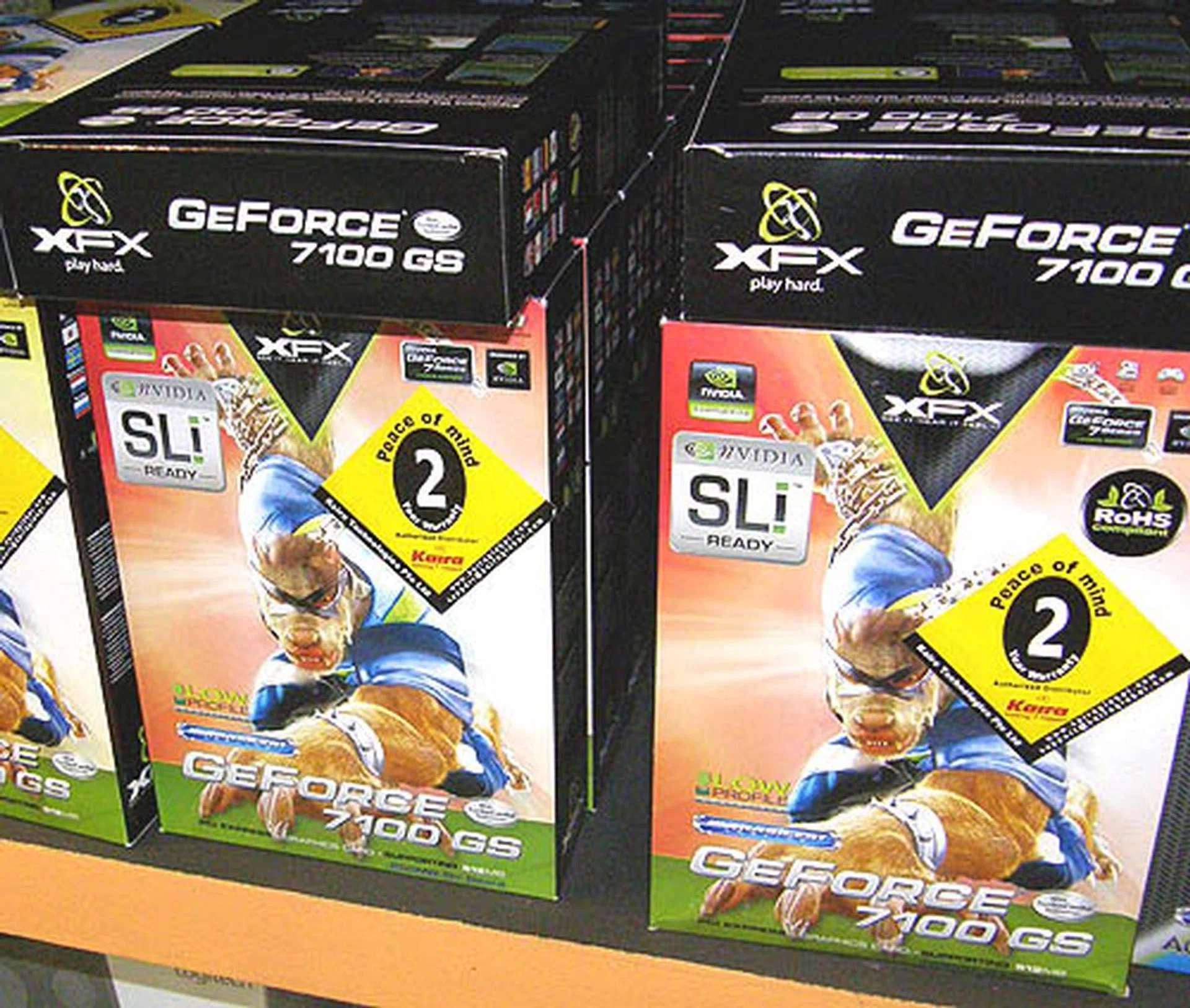 For cheaper low-end cards like this GeForce 7100 GS, XFX uses small and cute packaging that reminds us of toys.  
