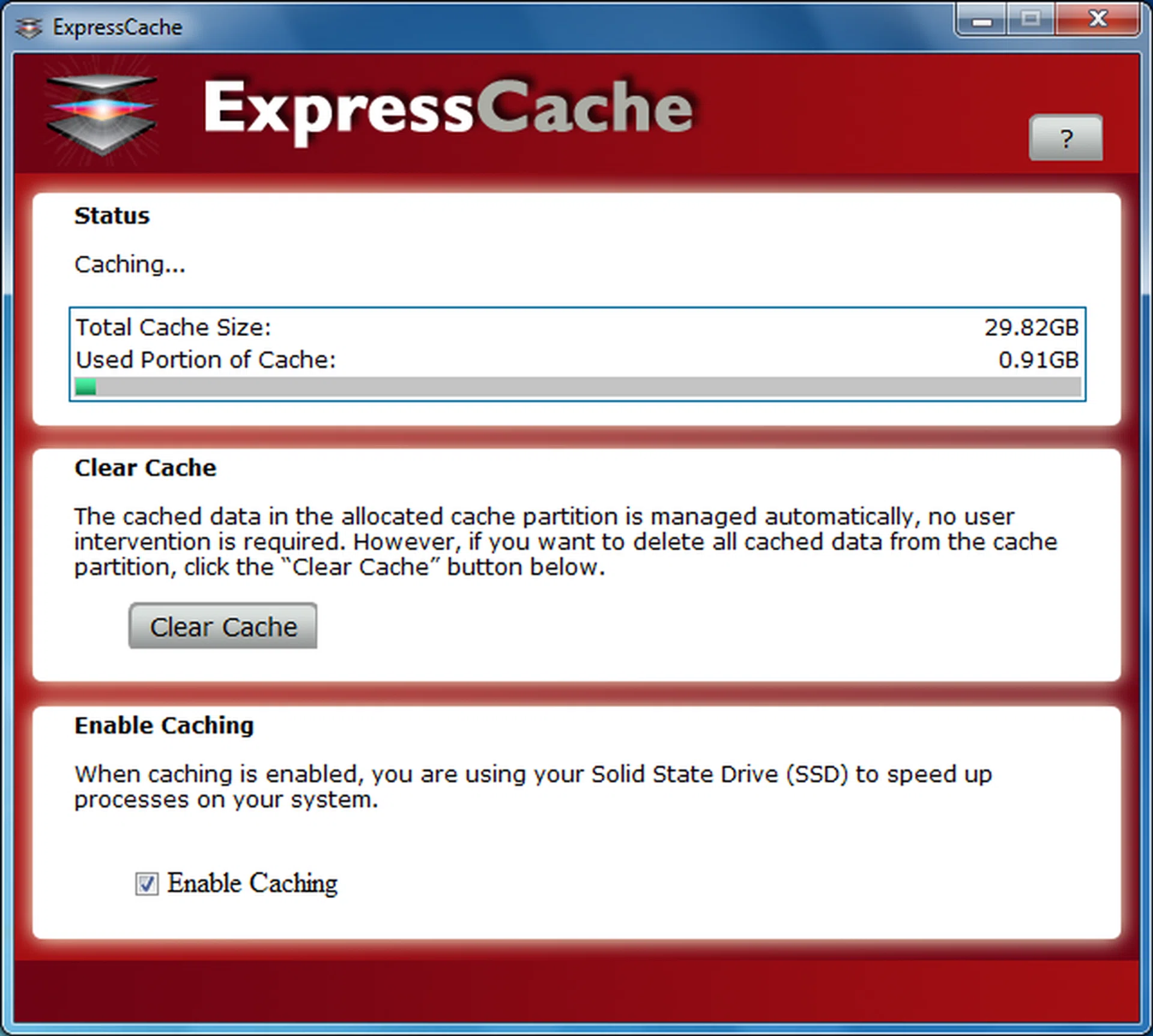 The ExpressCache software is simple in design and in its functions. It tells you how much memory is left and let's you clear the cache if you wish to do so.
