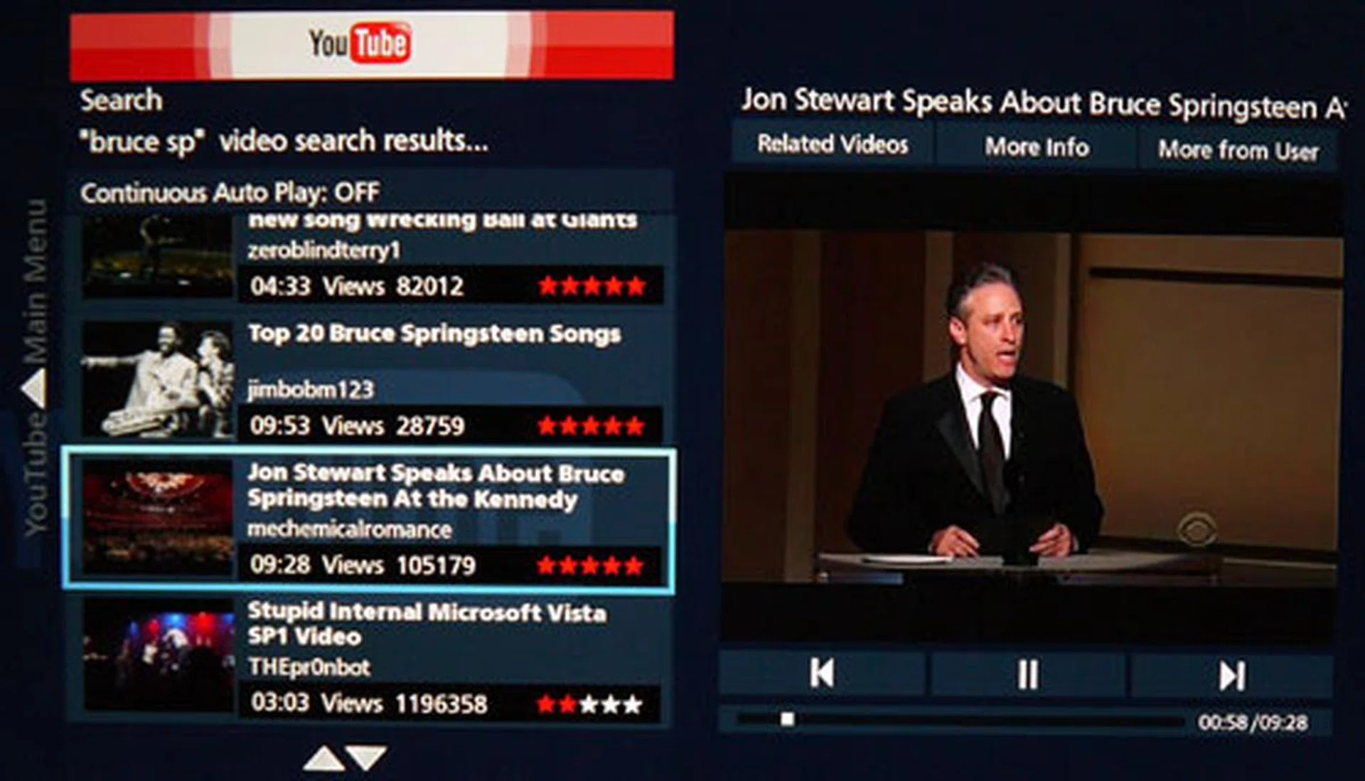 Panasonic's YouTube applet provides a rich user experience with options such as Top Rated, Featured, and Search functions compared to the spartan layout on the LG LV5500. You can even rate or bookmark the clips but you can't comment on them though.