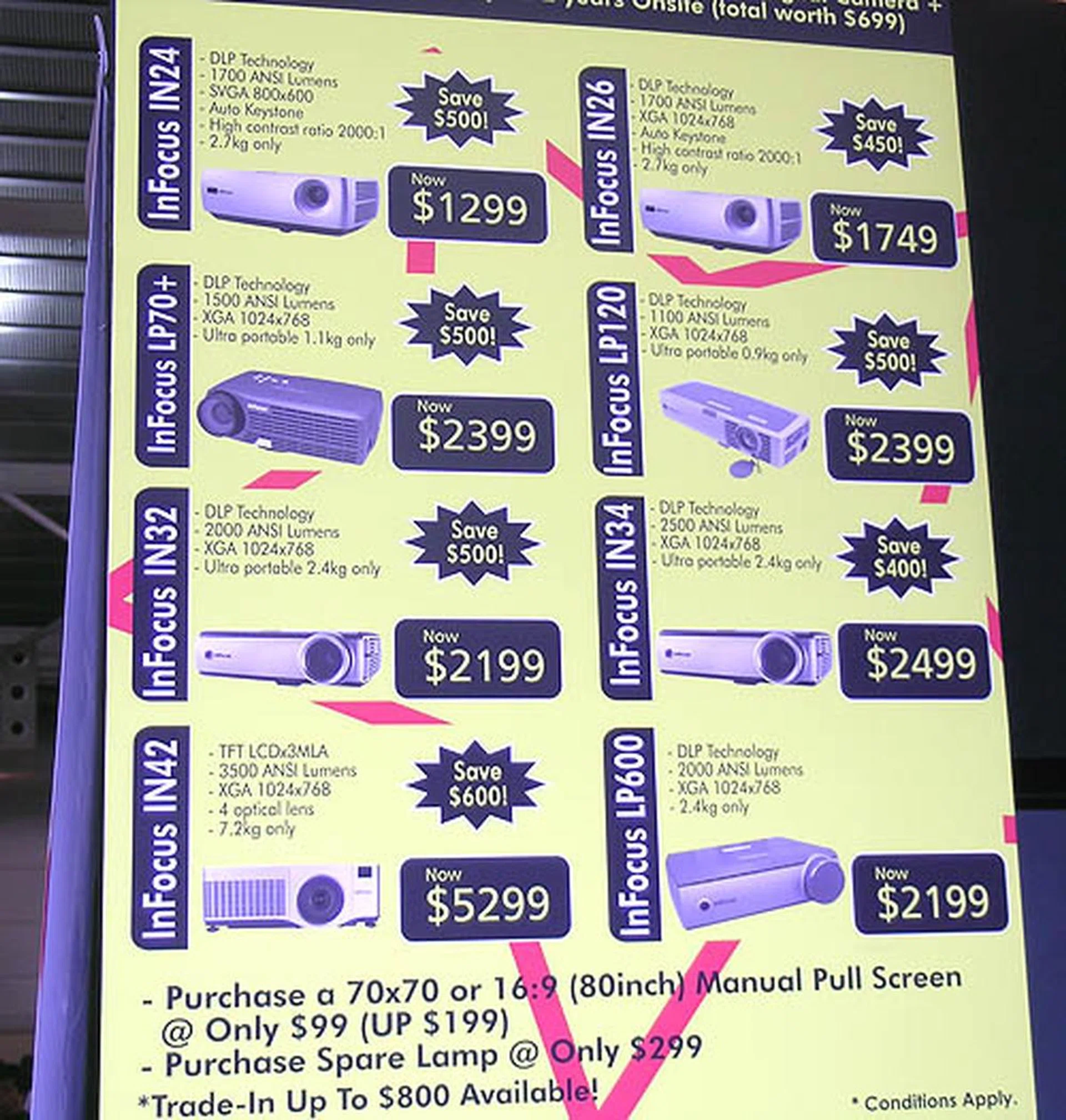 All the projectors from InFocus at a glance. Special deals include trade-in options and offers for spare lamps and screens.