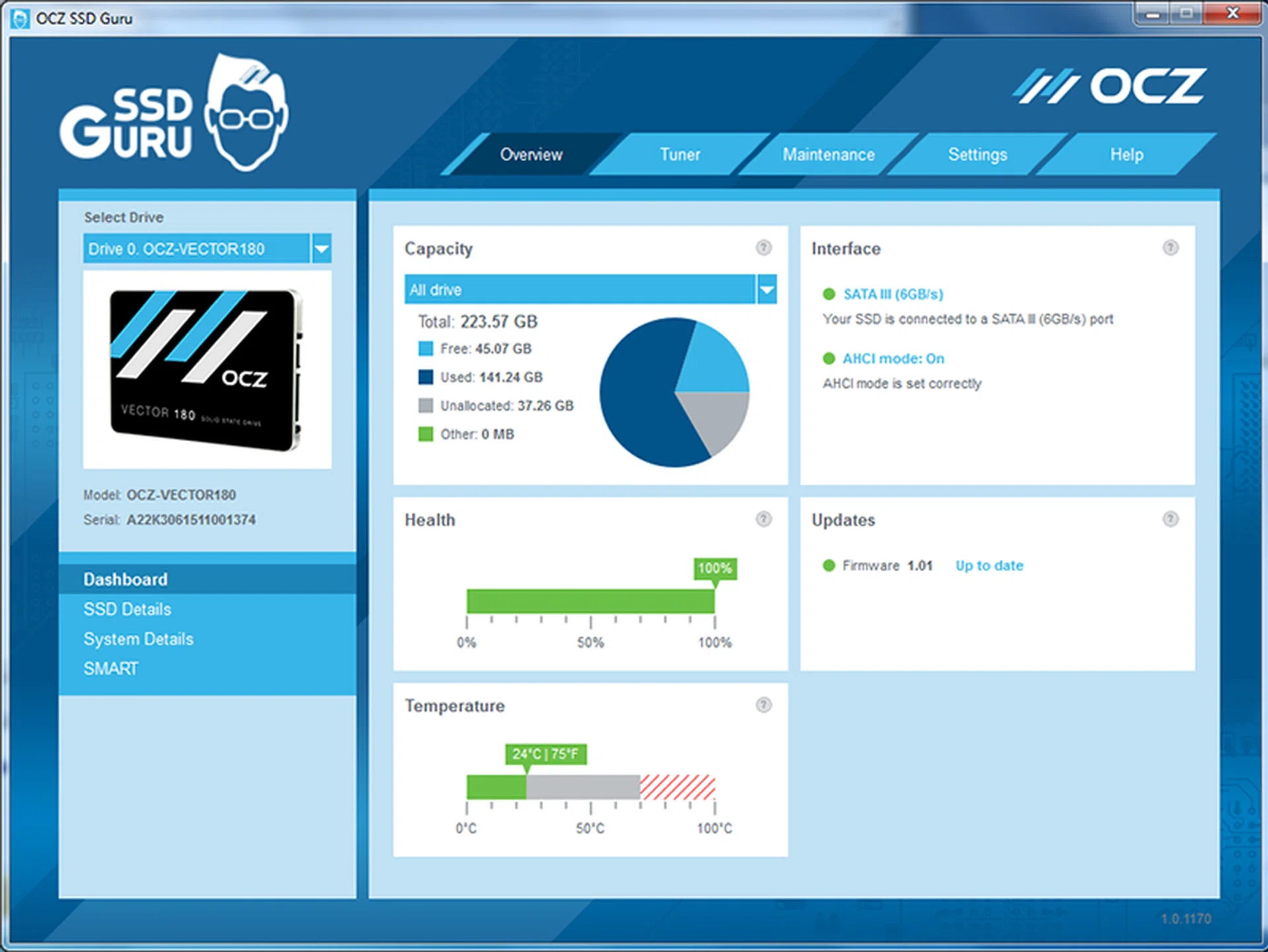 The SSD Guru utility is easy to navigate and use, and will work with any OCZ drive utilizing its Barefoot 3 controller.