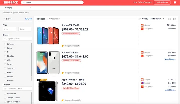 Product Comparison of 'iPhone' keyword, while on desktop version.