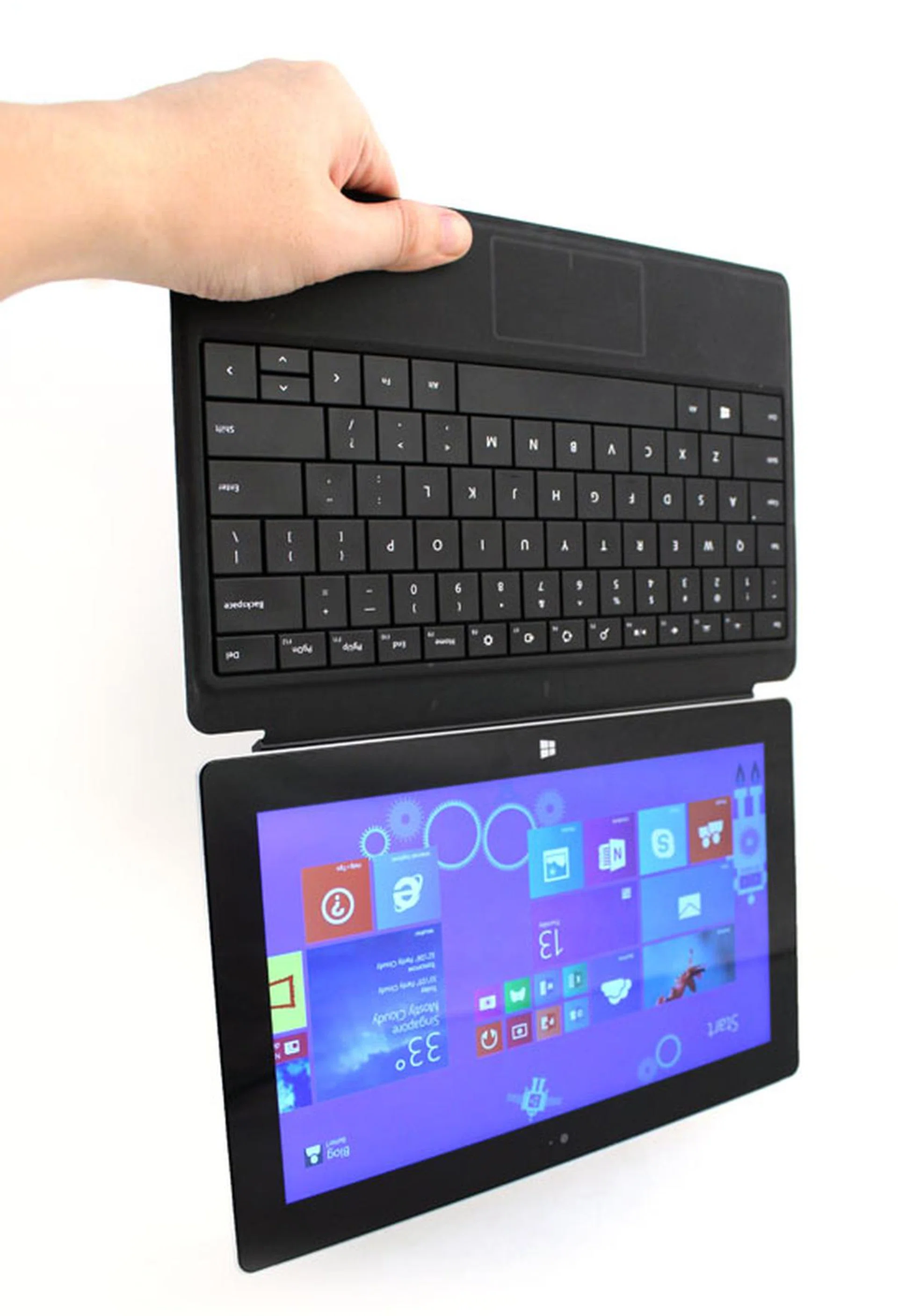 The magnetic connector that holds the snap-on keyboards in place is so strong you can actually dangle the Surface 2 by its keyboard and it won't fall off.