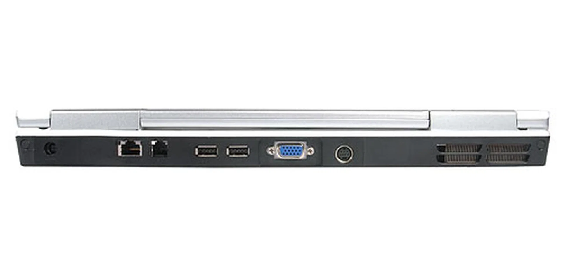 Along the back profile is a series of in/outputs which include the usual VGA output, S-Video connector, Ethernet LAN port and modem jack. Two USB 2.0 ports can also be found along the rear profile. Along the right edge is the power input.